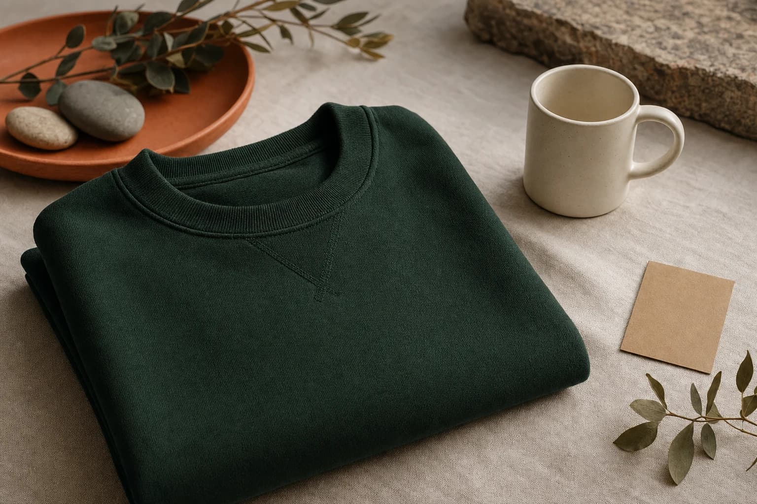 Forest-green crewneck and cream mug arranged on a stone table
