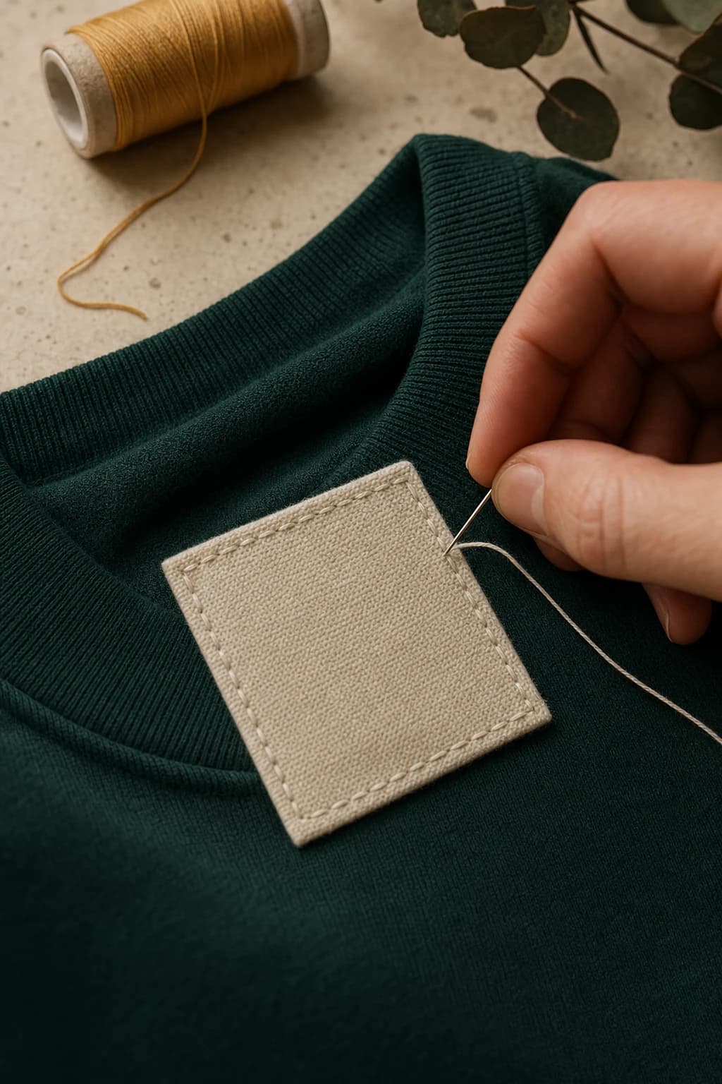 Close view of a fabric patch being sewn onto forest-green cotton