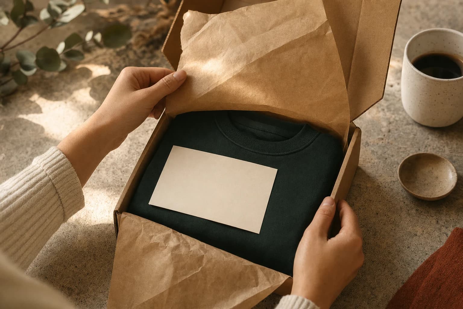 Hands opening a made-to-order parcel with a folded forest-green shirt
