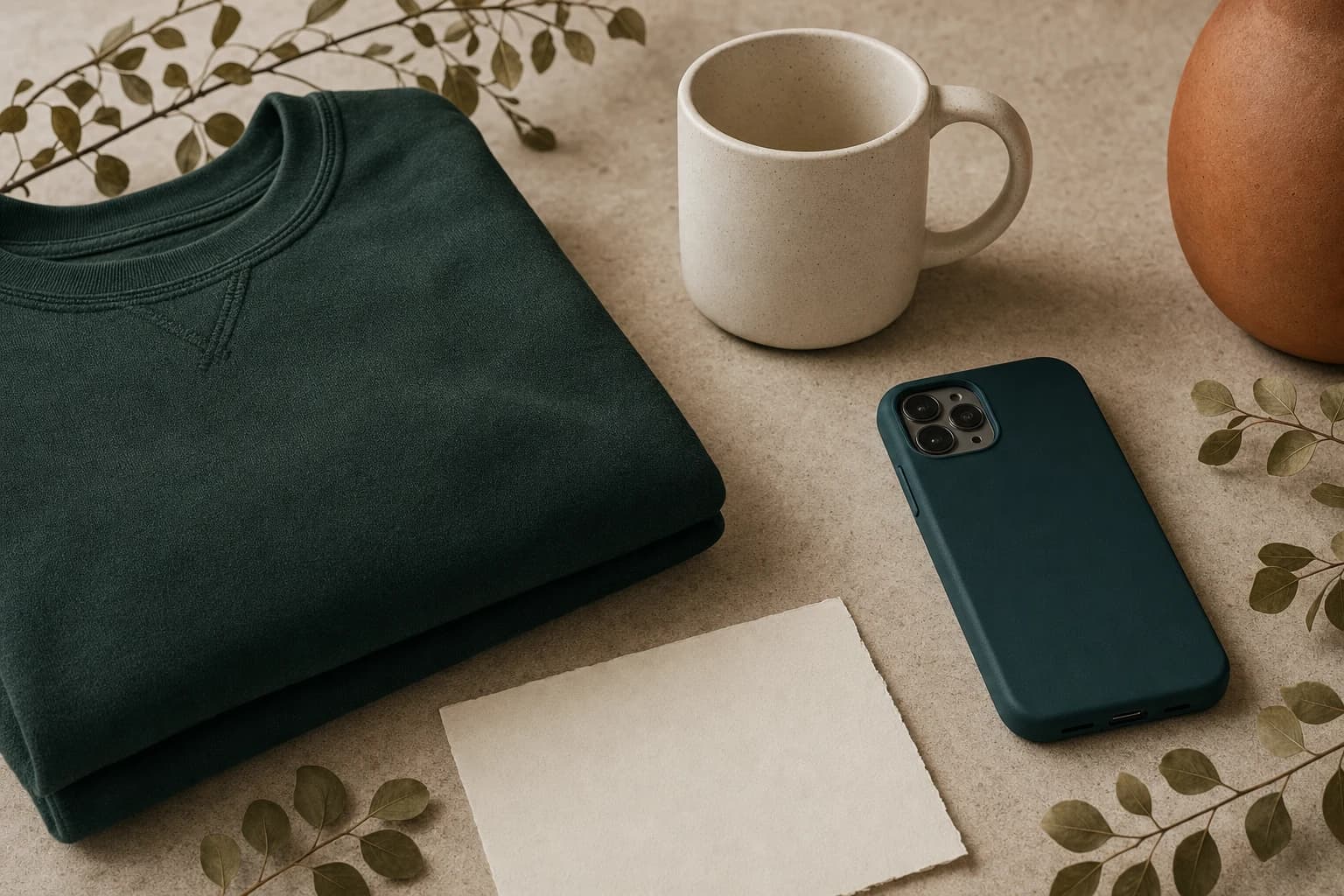 Forest-green apparel, cream mug, and teal phone case on a stone surface